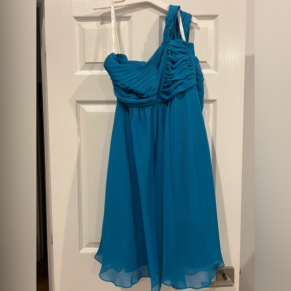 Davids Bridal Short One Shoulder Dress Pacific Blue. - Picture 6 of 7